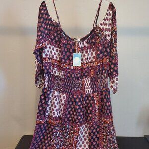 Ella Moon Women's Boho Vibe Cold Shoulder Smocked Dress Patchwork NEW NWT MED